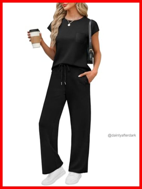 Pants - Womens 2 Piece Lounge Set Cap Sleeve Wide Leg Pants Travel Vacation Outfit